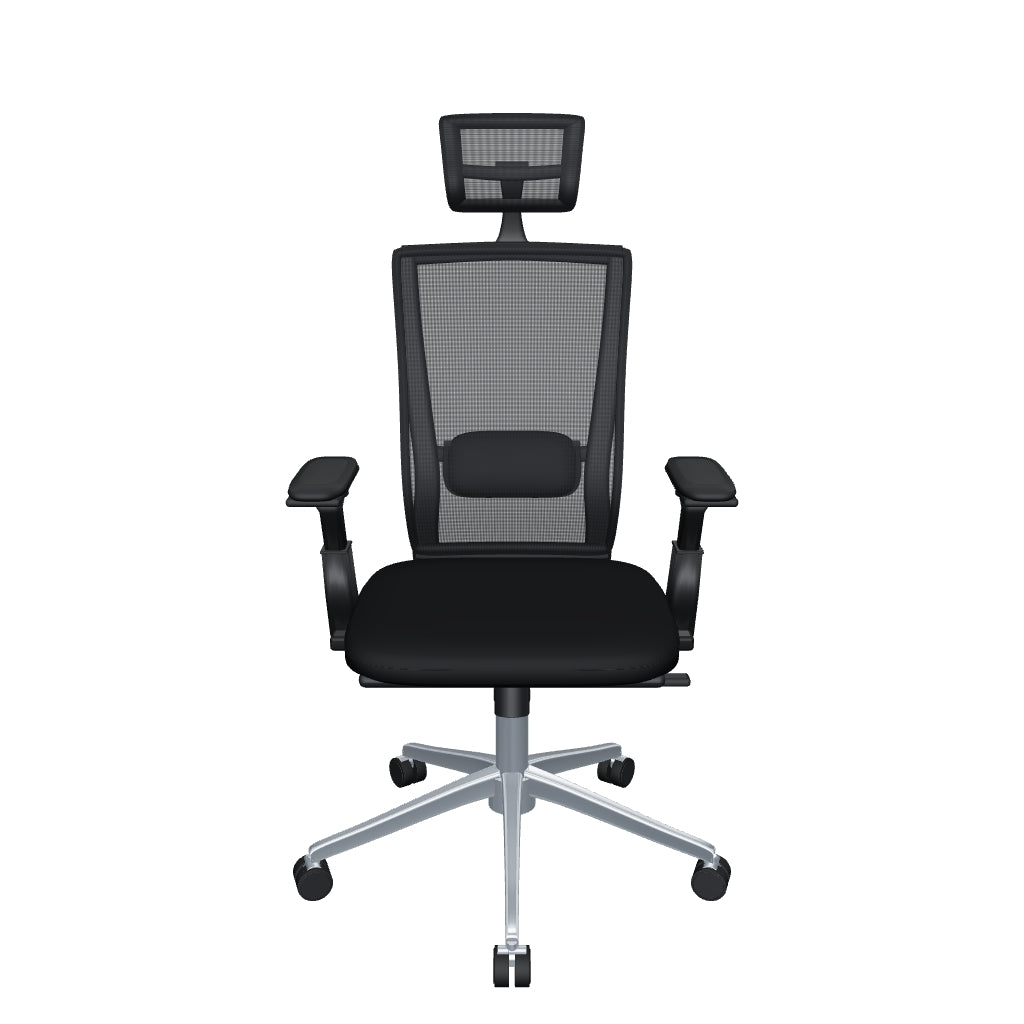 Silla Operativa Solu Plus Alta OffiMobile en 3D, cabecera y respaldo de malla negra, asiento tapizado, brazos 3D y base cromada. Modelo orientativo.