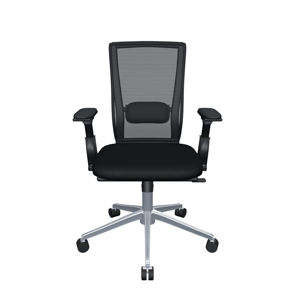 Silla Operativa Solu Plus Baja OffiMobile en 3D, respaldo de malla negra, asiento tapizado, brazos 3D y base cromada. Modelo orientativo.