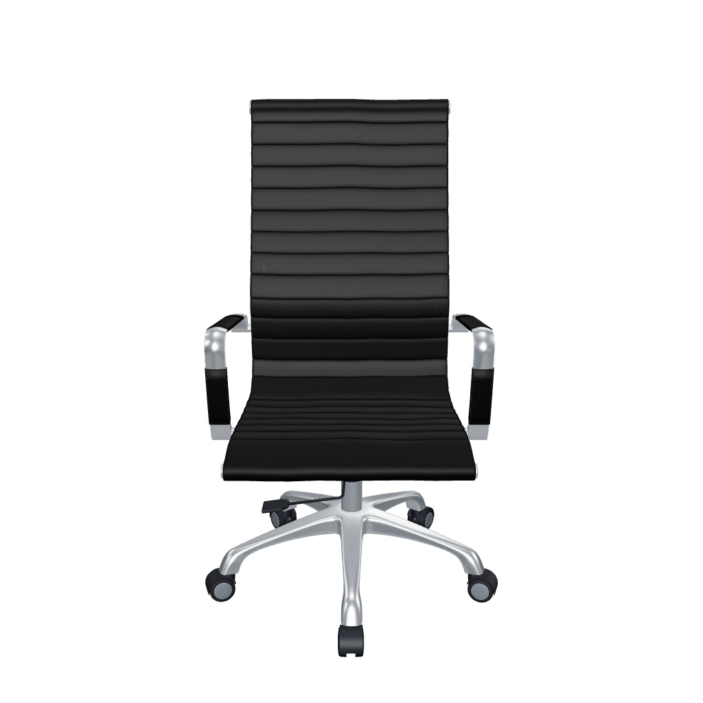 Silla Ejecutiva Thin OffiMobile — modelo 3D orientativo en vinipiel negro; confirma medidas antes de planear su instalación.