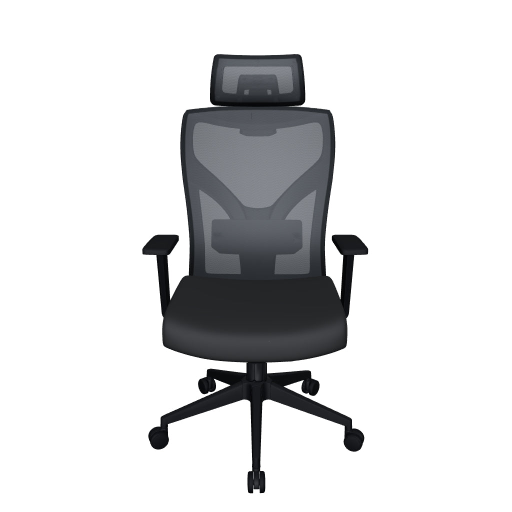 Silla Yue Alta OffiMobile, asiento negro, respaldo y cabecera de malla gris, base de nylon negra; modelo 3D