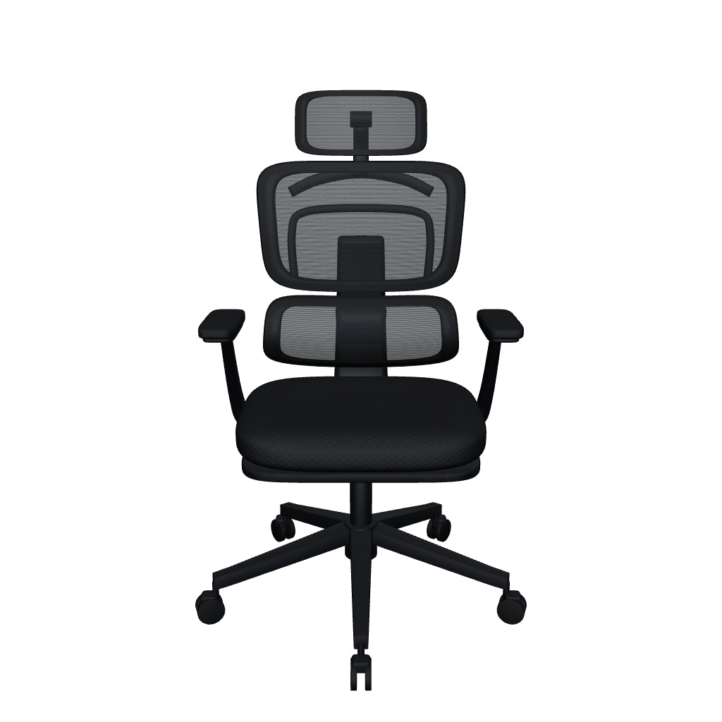 OffiMobile — Silla Zoe Alta. Modelo 3D, tapiz negro y base negra en la vista inicial.