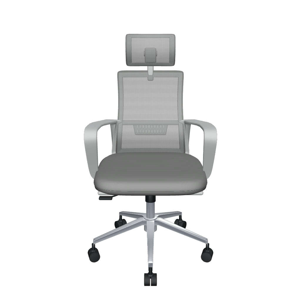 Silla Operativa Zoom Gris Alta OffiMobile en 3D, con respaldo y cabecera de malla gris, asiento tapizado, brazos fijos y base cromada. Modelo orientativo.