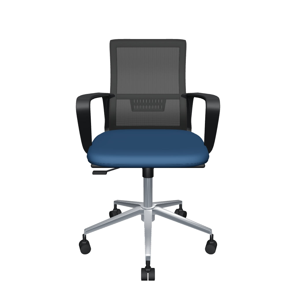 Silla Operativa Zoom Baja OffiMobile en 3D: respaldo de malla negra, brazos fijos, asiento en cuatro colores y base negra o cromada. Modelo orientativo.