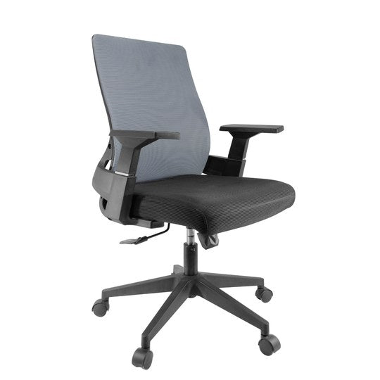 Silla Operativa Lite OffiMobile, malla gris, asiento negro y base de nylon negra con rodajas, vista en perspectiva.