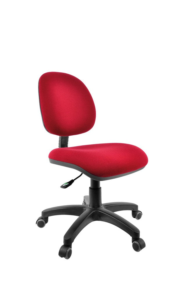 Silla Operativa Ergo OffiMobile, base de nylon negro con rodajas, tapiz rojo ilustrativo sobre pedido, vista en perspectiva.