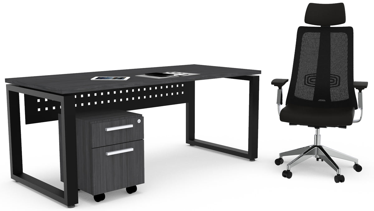 Escritorio ejecutivo Quattro gris con faldón frontal y base metálica rectangular